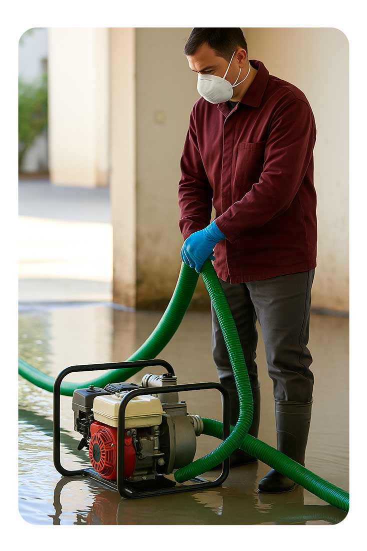 desatascos en Alicante. Operario de Grupo Lozano utilizando una motobomba de achique profesional con manguera verde para extraer agua en una zona inundada, equipado con mascarilla, guantes y uniforme granate