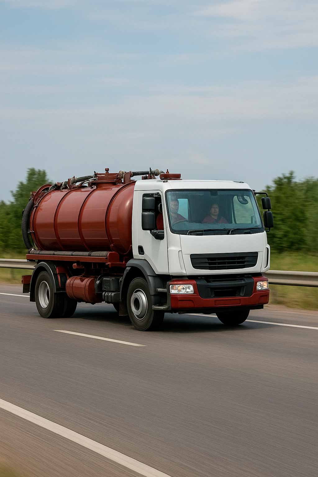 desatascos en Alicante. Camión cuba blanco con tanque granate de Grupo Lozano avanzando hacia la derecha por carretera, con conductor y copiloto visibles en la cabina