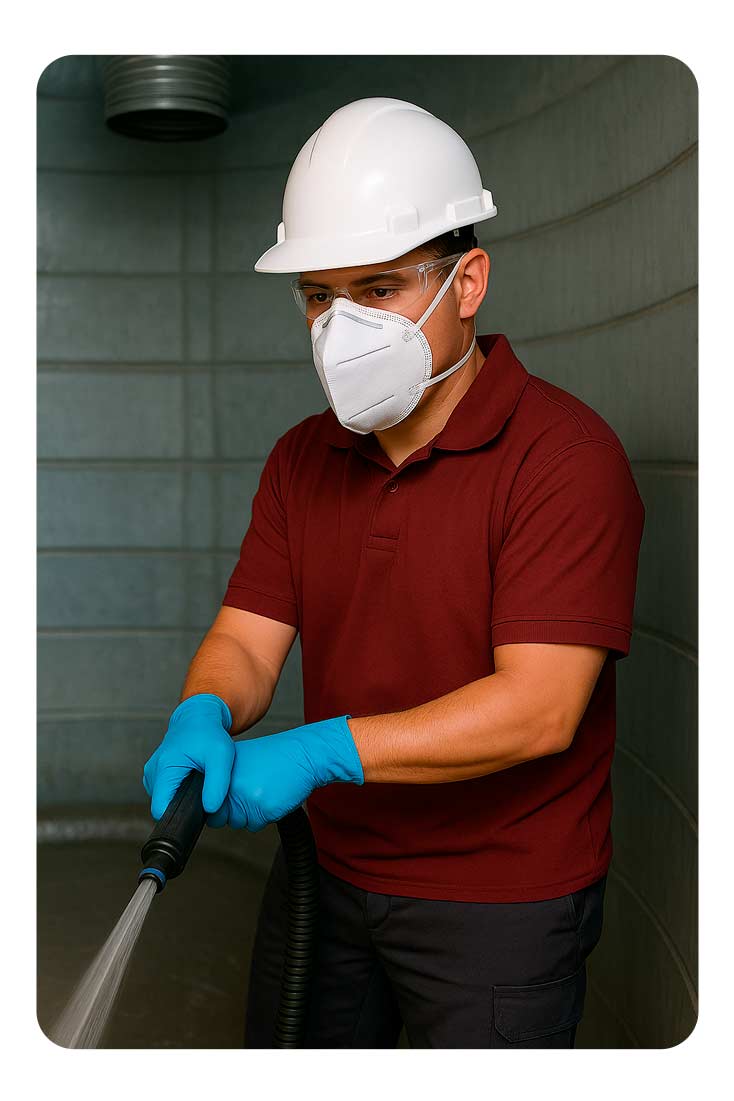 desatascos en Alicante. Operario de Grupo Lozano limpiando con agua a presión el interior de un depósito, equipado con casco blanco, guantes, gafas de protección y mascarilla profesional