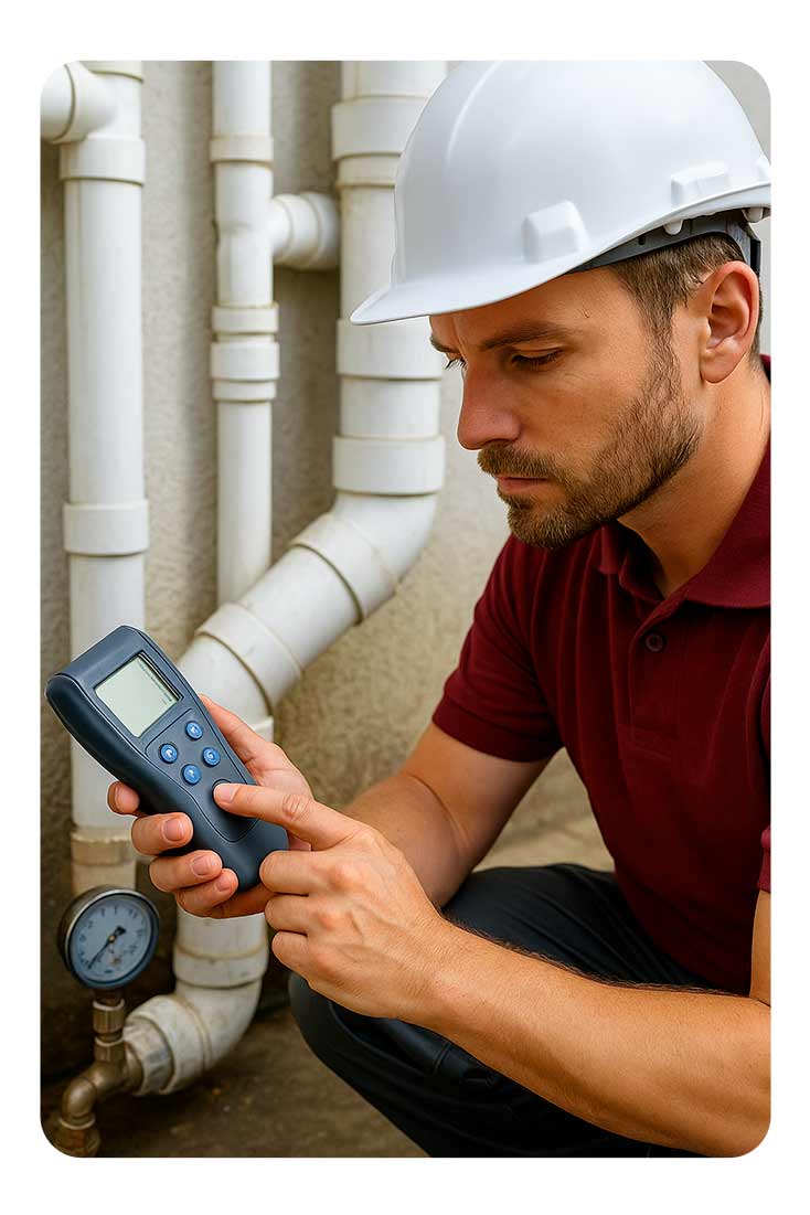 desatascos en Alicante. Técnico de Grupo Lozano realizando una prueba de estanqueidad con manómetro digital junto a una red de tuberías, equipado con casco blanco y uniforme granate