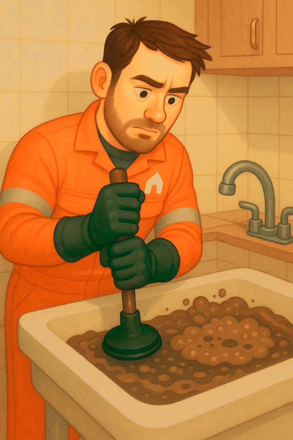 Ilustración artística de un fregadero de cocina con atasco por grasa, vista desde arriba, con agua estancada y restos visibles; un técnico de Grupo Lozano se prepara para intervenir con herramientas específicas.